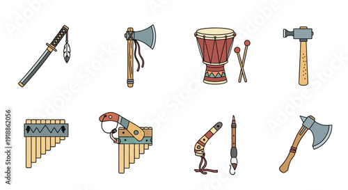 Ethnic Instruments & Cultural Tools Doodle Icon Set