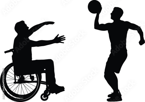 Silhouette of two men playing basketball one in wheelchair and one standing sports