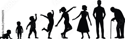Silhouettes of people in various poses from infancy to old age human stages