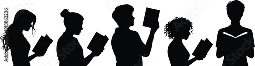Black silhouettes of five people reading books