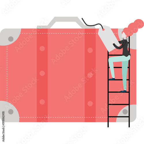 Woman tourist and huge travel bag vector icon isolated on white