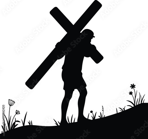 Silhouette of man carrying large cross on hill with flowers