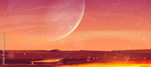 Rocky surface of alien planet with lava flow