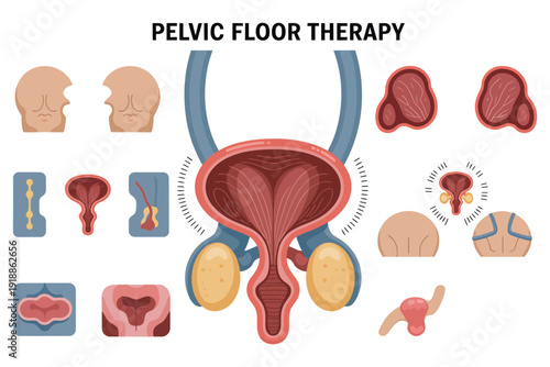 Illustration of the male pelvic floor anatomy and therapy concepts.