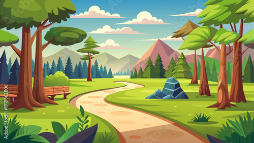 Minimal cartoon vector of a peaceful forest park with walking path tall trees and open grassy areas flat clean style