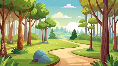 Minimal cartoon vector of a peaceful forest park with walking path tall trees and open grassy areas flat clean style
