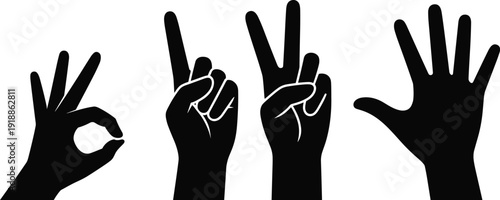 Black silhouette hands making gestures on white background silhouettes