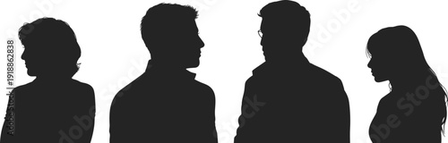 Four black silhouettes of people facing right against white background profile