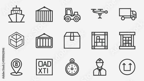 Agriculture and Farm Logistics Line Icon Set with Tractor, Drone and Storage Buildings