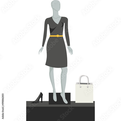 Woman shop clothing boutique showcase with mannequin in elegant dress with accessories vector icon isolated on white