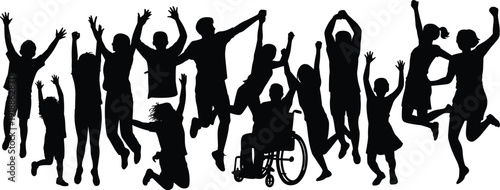 Black silhouettes of children jumping and celebrating with one child in a wheelchair
