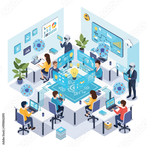 Isometric vector illustration of a business team collaborating in a futuristic AI-powered workplace with smart office automation and human-AI synergy, enhancing productivity and digital