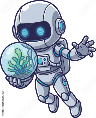A futuristic astronaut character, complete with a glass bubble containing intriguing coral, represents exploration and wonder in a vibrant cosmic environment.