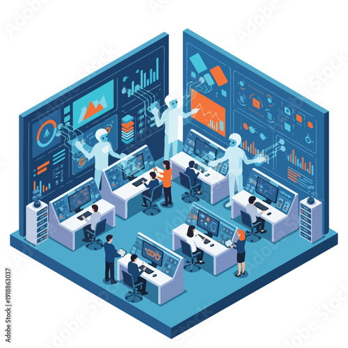 Isometric vector illustration of a futuristic AI-powered workplace with a business team collaborating and working together in a smart office automation setting with human-AI synergy.