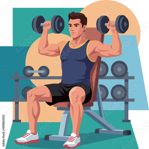 The image captures a muscular man lifting dumbbells in a gym, depicting determination and strength, a common scene that inspires fitness enthusiasts and active lifestyle advocates.