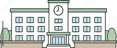 This image presents an illustration of a school building featuring a clock, symbolizing education, structure, and the importance of time in learning environments.