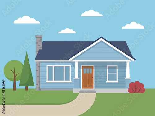 This charming illustration portrays a blue house with a welcoming entrance, surrounded by trees and greenery, showcasing warmth and inviting home aesthetics.