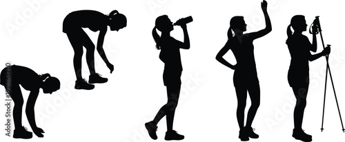 Black silhouettes of women exercising and drinking water exercise fitness sports