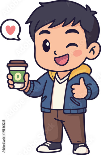 An adorable animated character, a boy happily holding a coffee cup, expressing joy and positivity, embodying the love for coffee and sweet moments in life.