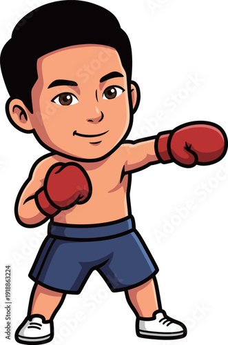 A young boxer poses confidently in red gloves and shorts, showcasing a fighting stance. The cartoon style emphasizes energy and determination in this sporty character.