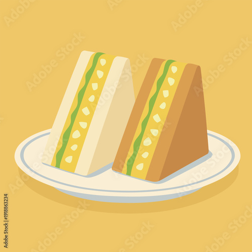 An appealing display of two stylized sandwiches on a bright yellow plate invites a sense of hunger and joy. The artistic style highlights their attractive colors and shapes.