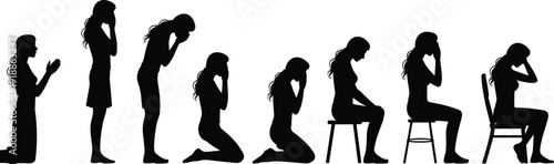 Black silhouettes of women in various poses on white background