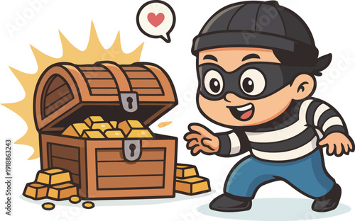 A cheerful cartoon burglar joyfully discovers a treasure chest overflowing with gold bars, signifying excitement, fortune, and the thrill of adventure in a fun illustration.