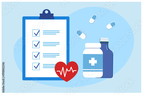 Medical examination report and medicine vector illustration