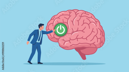 A businessman engages with a brain symbol to illustrate the concept of intelligence and decision-making. The image reflects a blend of creativity and professionalism in modern work.