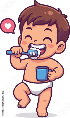 A cheerful baby is happily brushing his teeth while standing in a playful manner, showcasing the importance of dental hygiene in a fun and engaging way suitable for toddlers.
