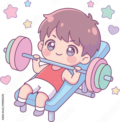 This cheerful child is lifting weights, portraying fitness, vitality, and determination, making it suitable for health-related content and children's fitness programs.