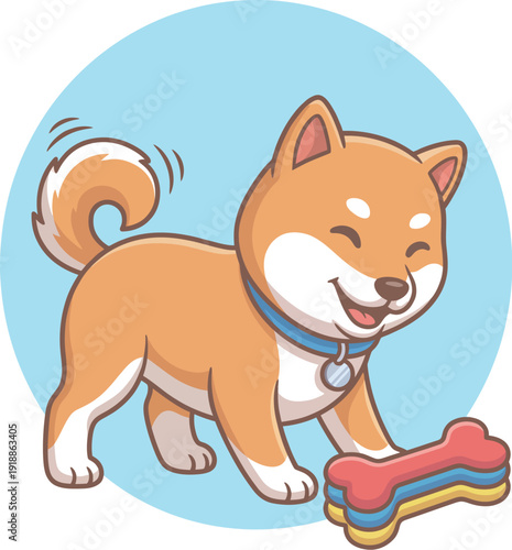 A cheerful Shiba Inu dog joyfully plays with a colorful toy bone, showcasing an adorable personality and excitement in this vibrant and playful illustration.