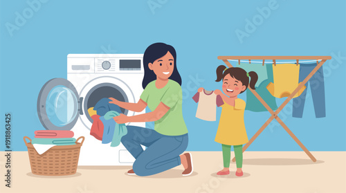 A heartwarming scene of a mother and daughter happily doing laundry together, showcasing family bonding, shared responsibilities, and joyful moments in everyday life.