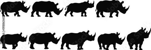 Rhinoceros silhouette set, African rhino walking standing wildlife safari animals isolated on white background, nature flat vector illustration