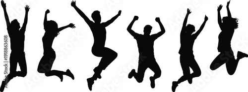 Six black silhouettes of people jumping with arms raised on white background
