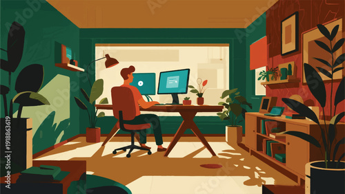 Illustration Of A Futuristic Work Desk With A Large Monitor And Plants And Warm Decoration, Character Sitting In The Middle Vector Design Template