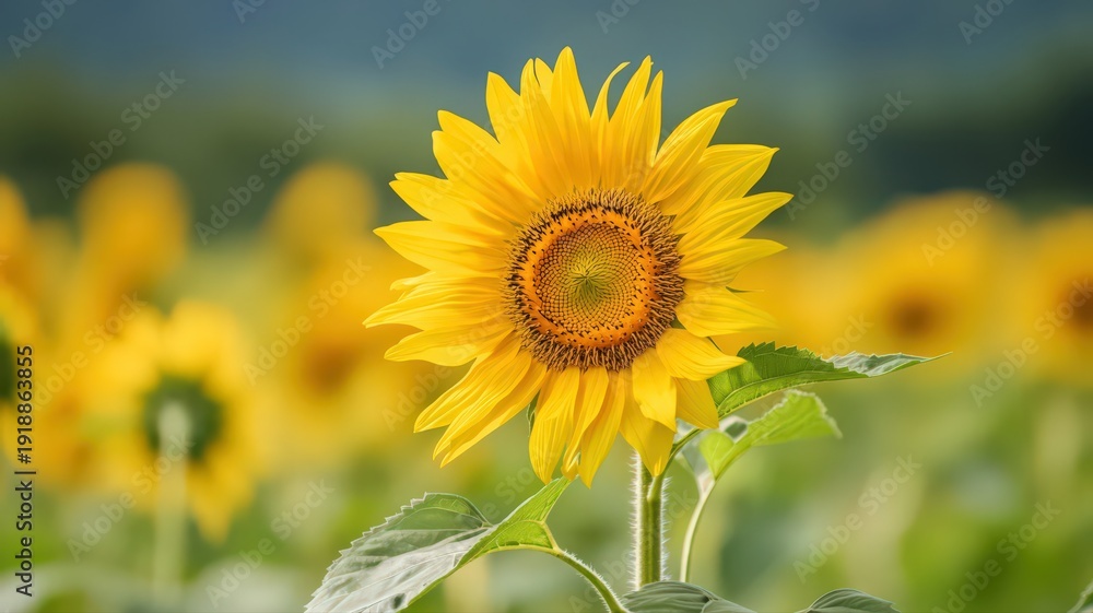 Fototapeta premium Beautiful Sunflower Blooming Vibrantly in a Lush Green Field Under a Clear Blue Sky