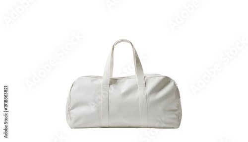 Cream-colored duffel bag isolated on black, clean and minimalist