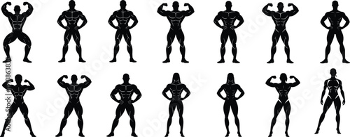 Bodybuilding silhouettes icon set, muscular human figures flexing arms, fitness modeling poses, anatomy illustration design, strength training symbols, gym workout inspiration collection