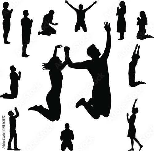 Black silhouettes of people jumping and praying on white background