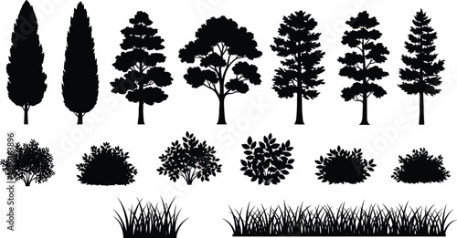 Tree and bush silhouette collection, forest plant set, garden shrub elements, grass borders, black nature shapes, flat vector illustration