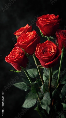 Rich red roses bouquet on a dark textured background
