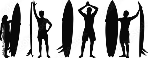 Black silhouettes of people holding surfboards surfers