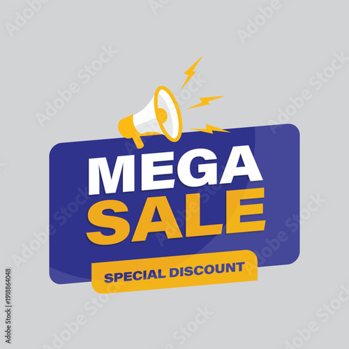 Modern mega sale promotion banner featuring a megaphone icon with bold typography on blue background flat