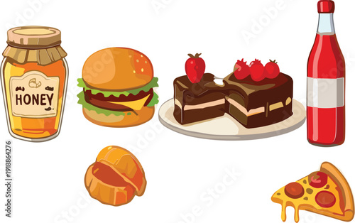Fast food and dessert cartoon icon set burger cake pizza honey vector illustration collection design
