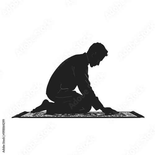 Reverence in Silhouette: A solitary figure, cloaked in the shadows, finds solace in prayer, kneeling reverently on a patterned rug. A silent testament to faith, inner peace.