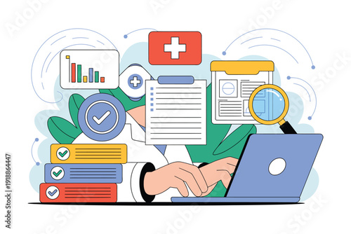Medical professional using laptop with healthcare icons and documents around