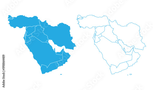 Detailed blue Middle East map collection including solid silhouette and clean outline vector design elements