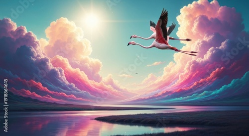 Flamingos fly over colorful cloudy wetlandscape