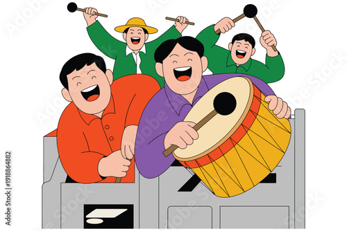 Drum vector illustration of happy people playing musical instruments together